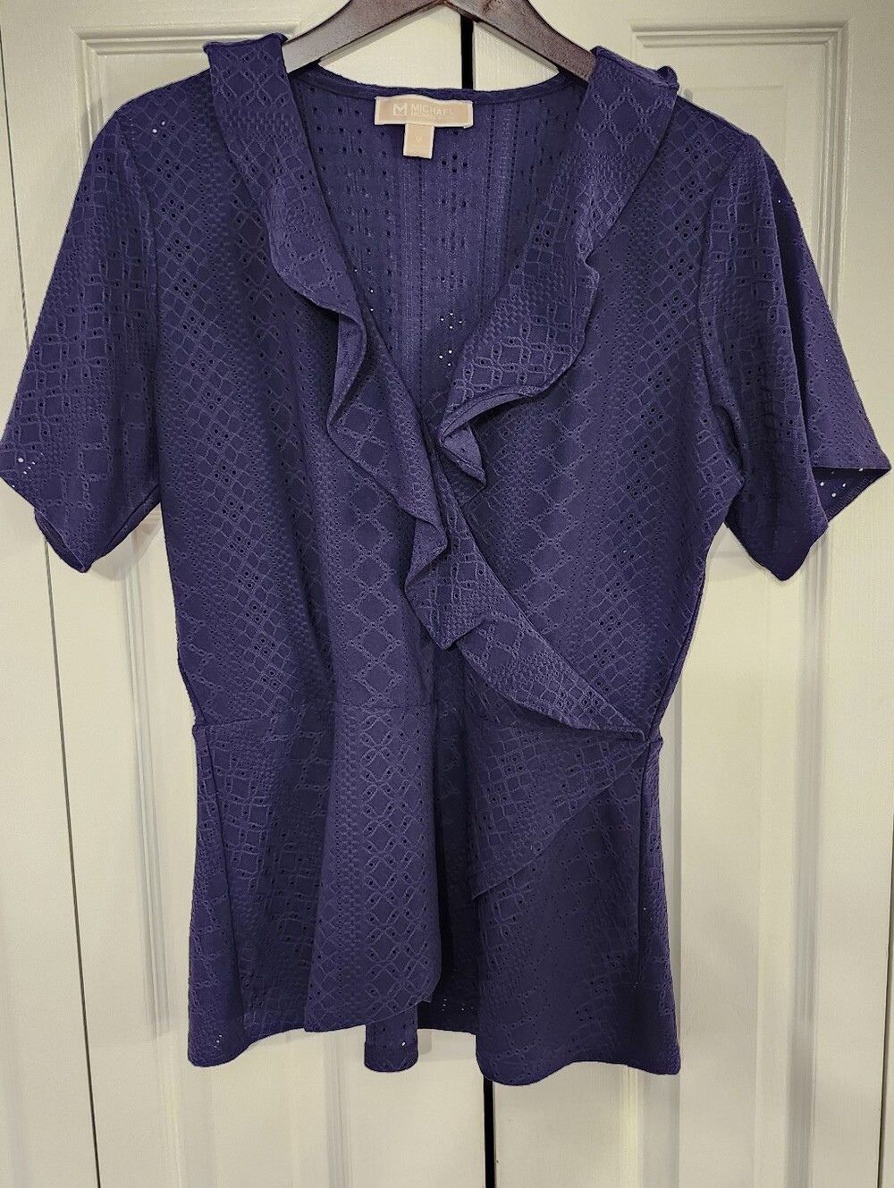 MICHAEL Michael Kors NAVY Ruffle Eyelet Faux- Wrap Blouse ,size Medium